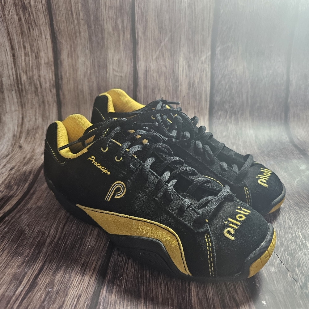 Piloti Shoes Mens Size 5 Black Yellow Prototipo Driving Shoes Lace Up Suede